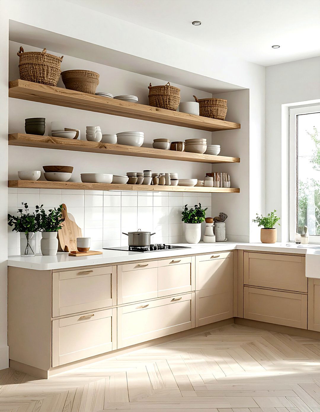 Beige and White Kitchen Open Shelving - 30 beige and white kitchen ideas