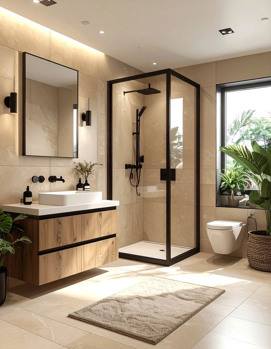 Beige and black bathroom - 30 beige bathroom decor ideas