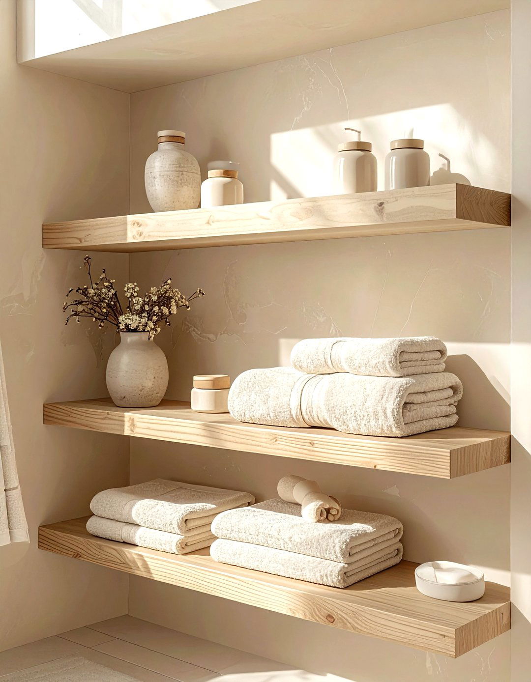 Beige bathroom shelf - 30 beige bathroom decor ideas