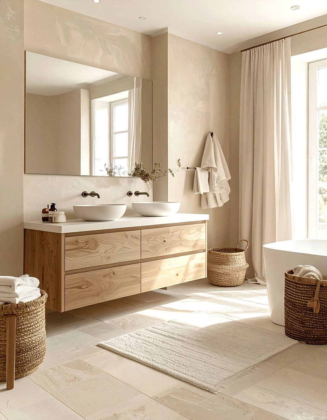 Beige bathroom with wood vanity - 30 beige bathroom design ideas