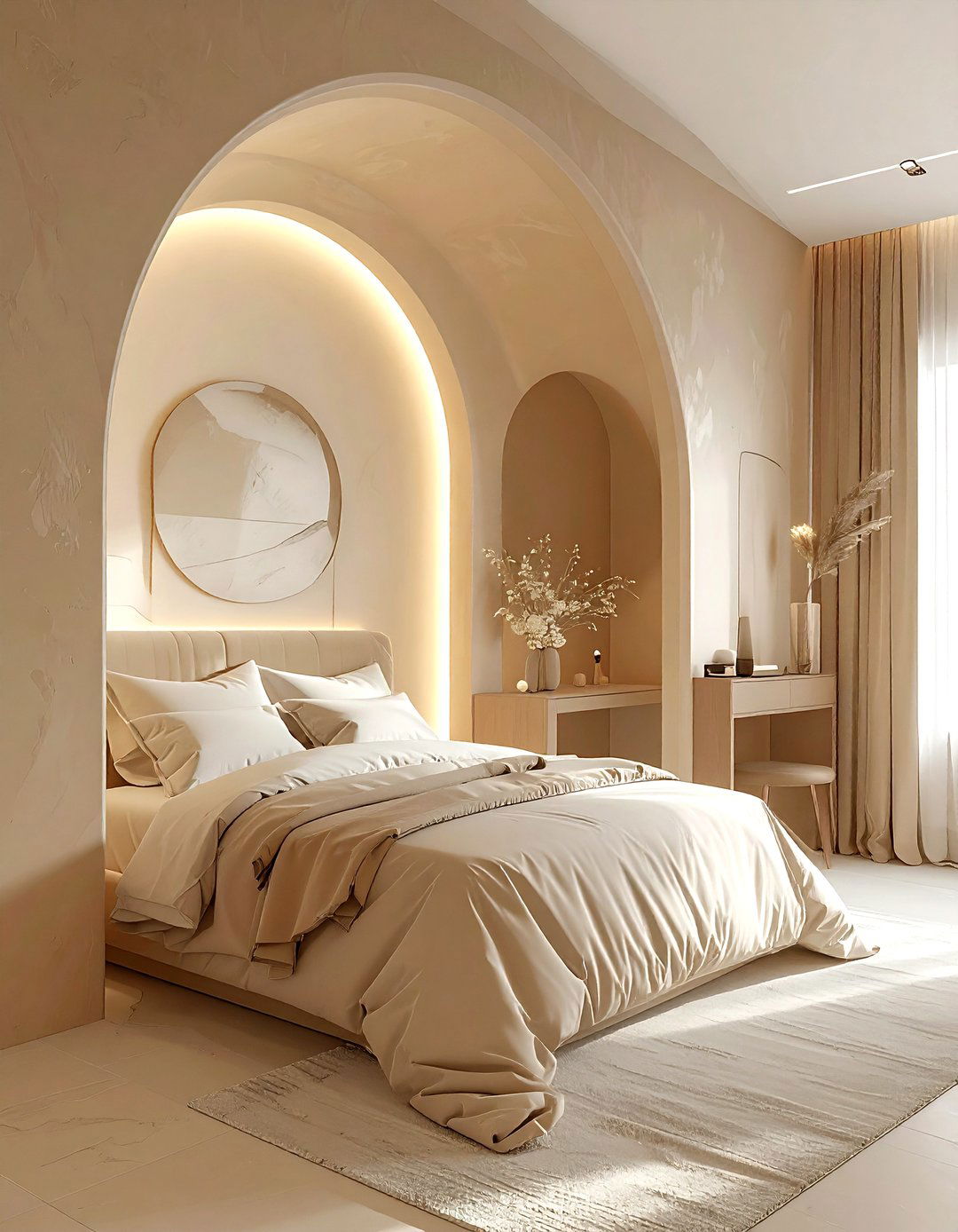 Beige bedroom with arched doorway - 30 contemporary beige bedroom ideas