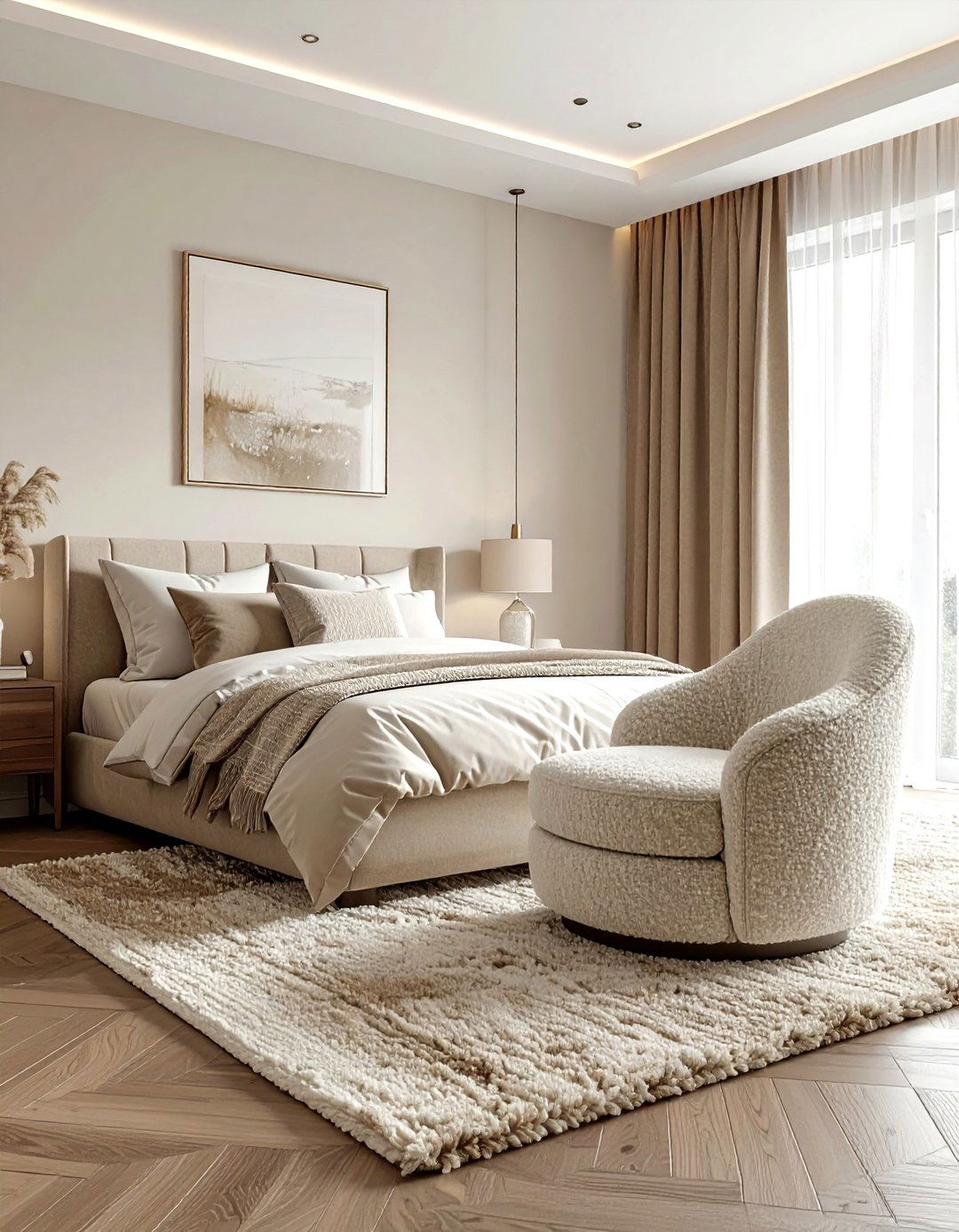Beige bedroom with boucle furniture - 30 contemporary beige bedroom ideas