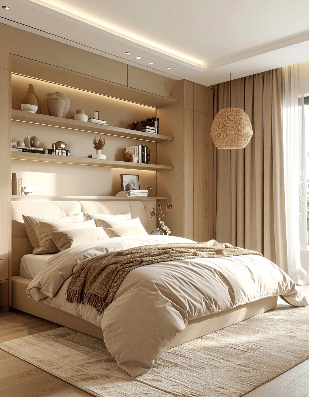 Beige bedroom with built in shelving - 30 contemporary beige bedroom ideas