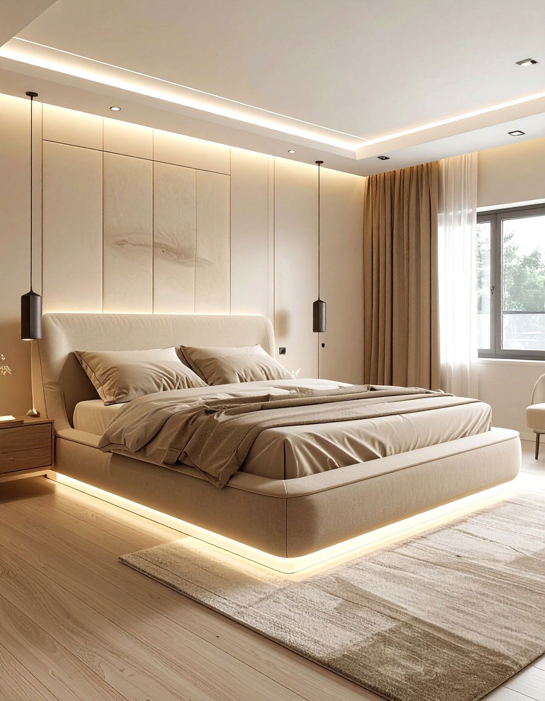 Beige bedroom with floating bed - 30 contemporary beige bedroom ideas