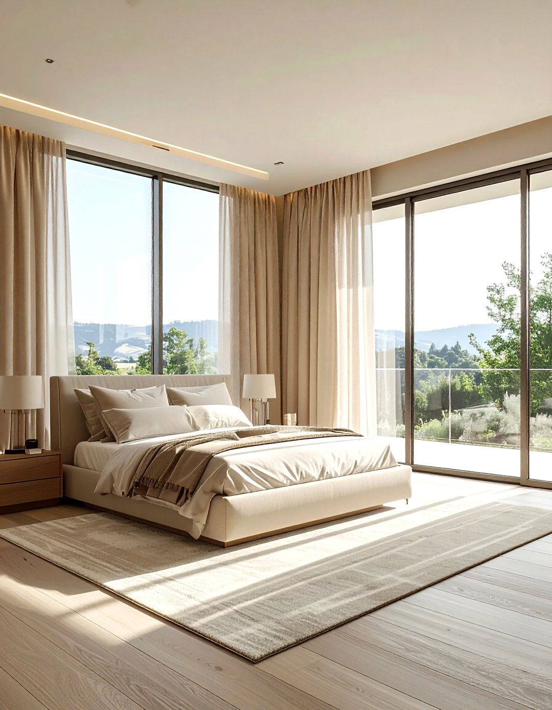 Beige bedroom with floor to ceiling windows - 30 contemporary beige bedroom ideas