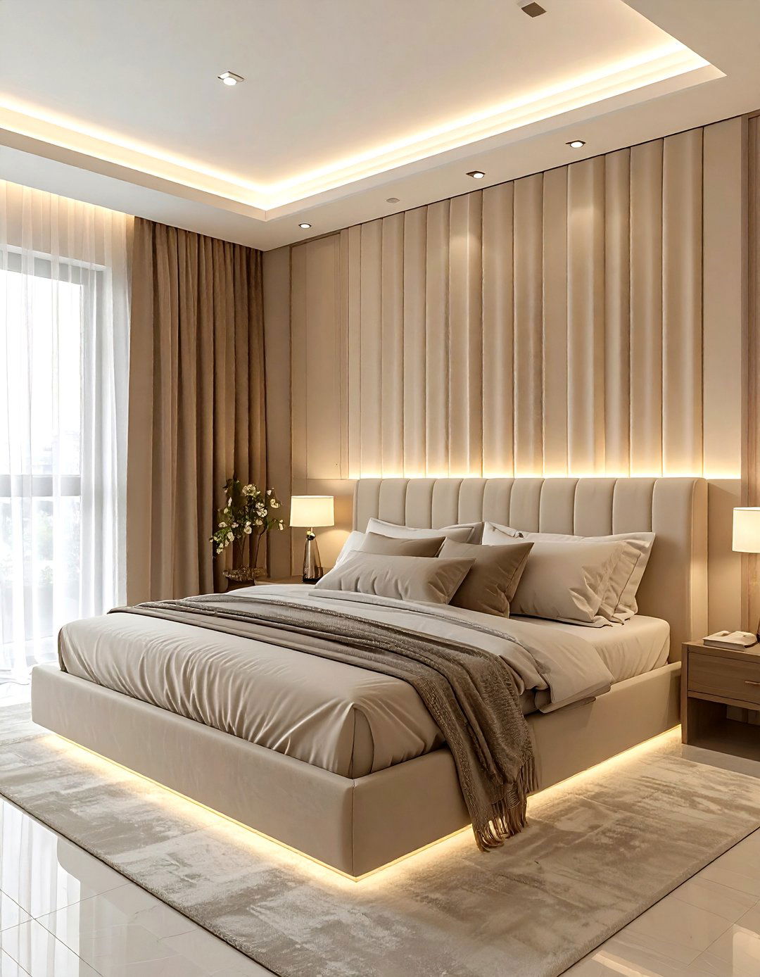 Beige bedroom with fluted wall panels - 30 contemporary beige bedroom ideas