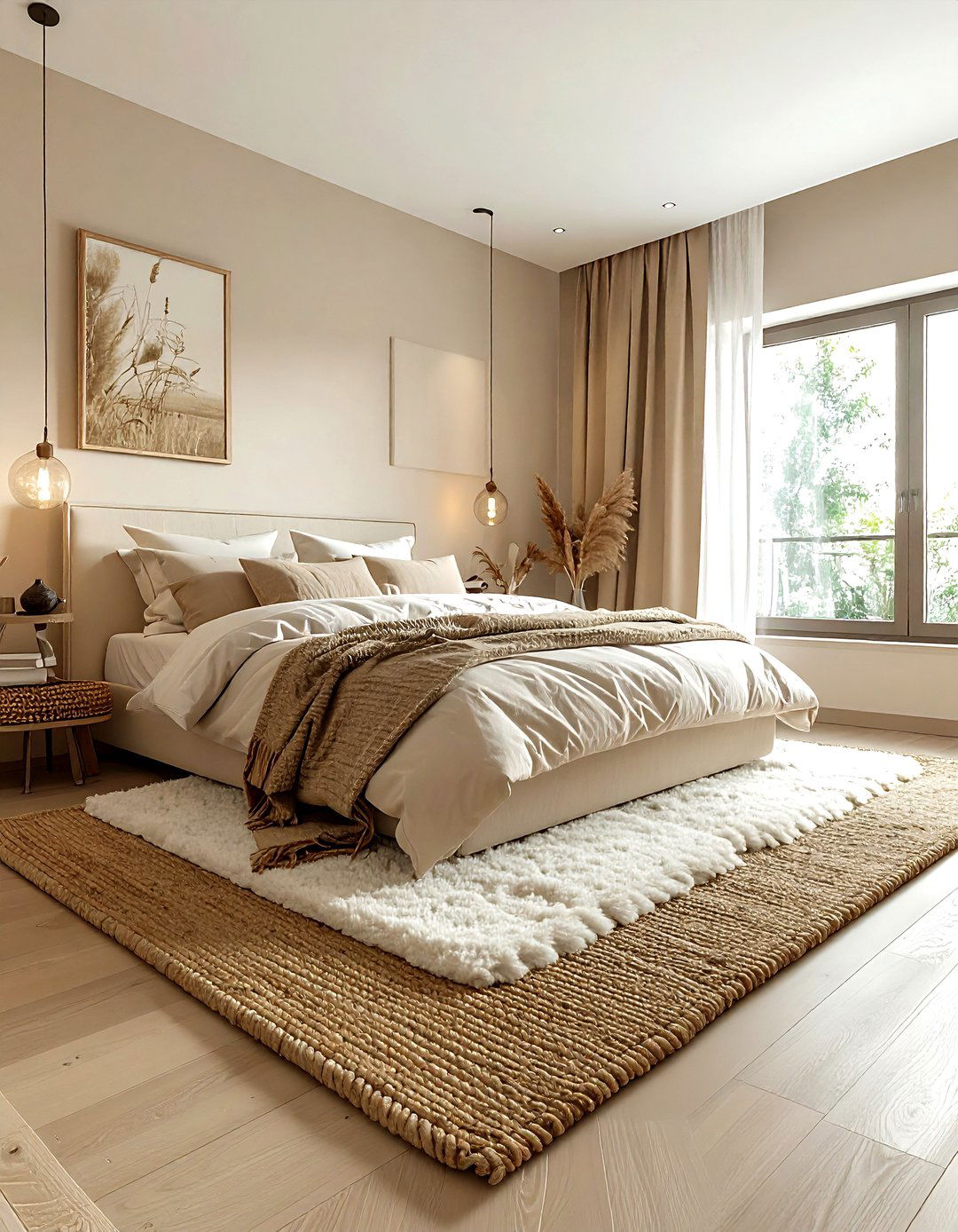 Beige bedroom with layered rugs - 30 contemporary beige bedroom ideas