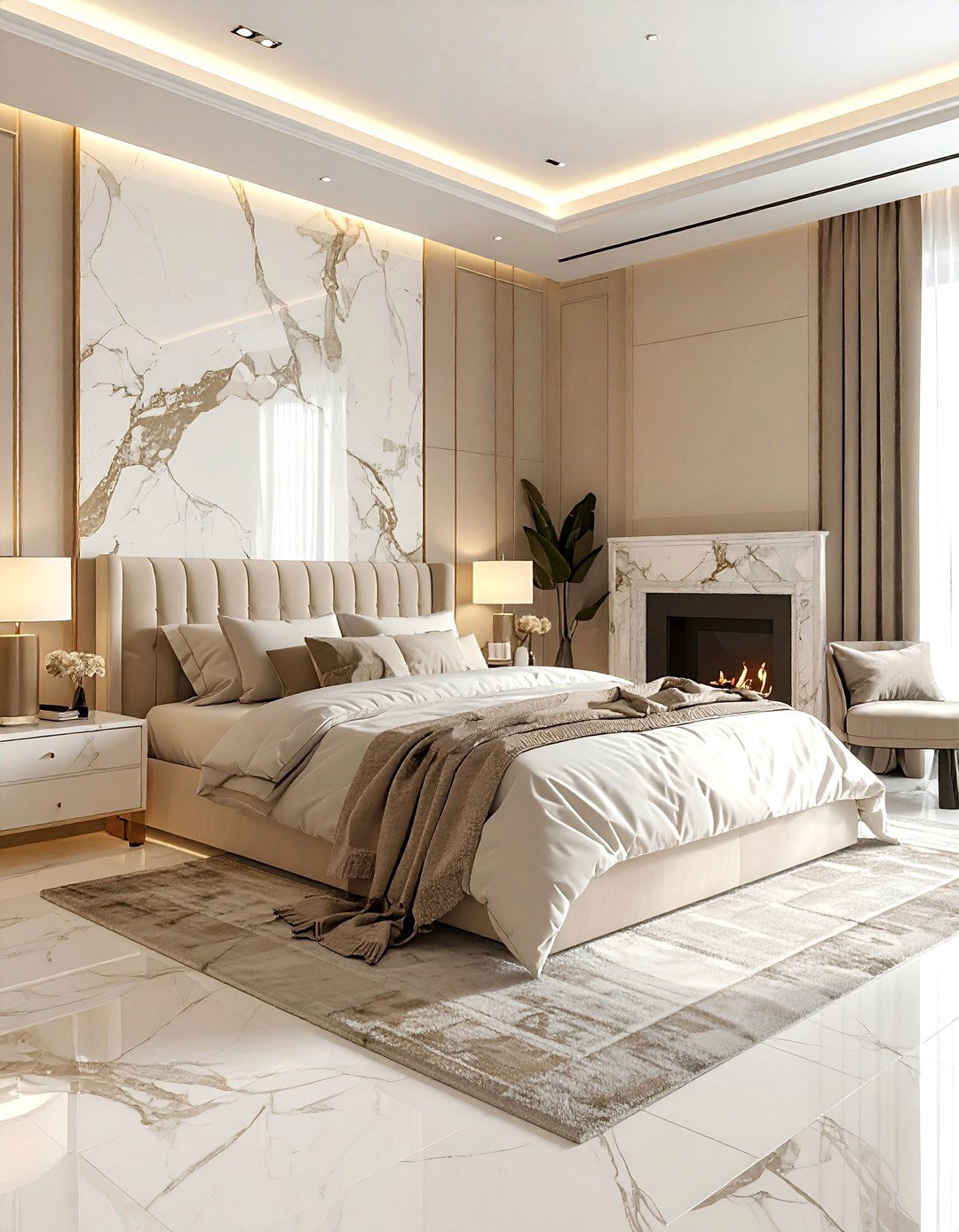 Beige bedroom with marble accents - 30 contemporary beige bedroom ideas