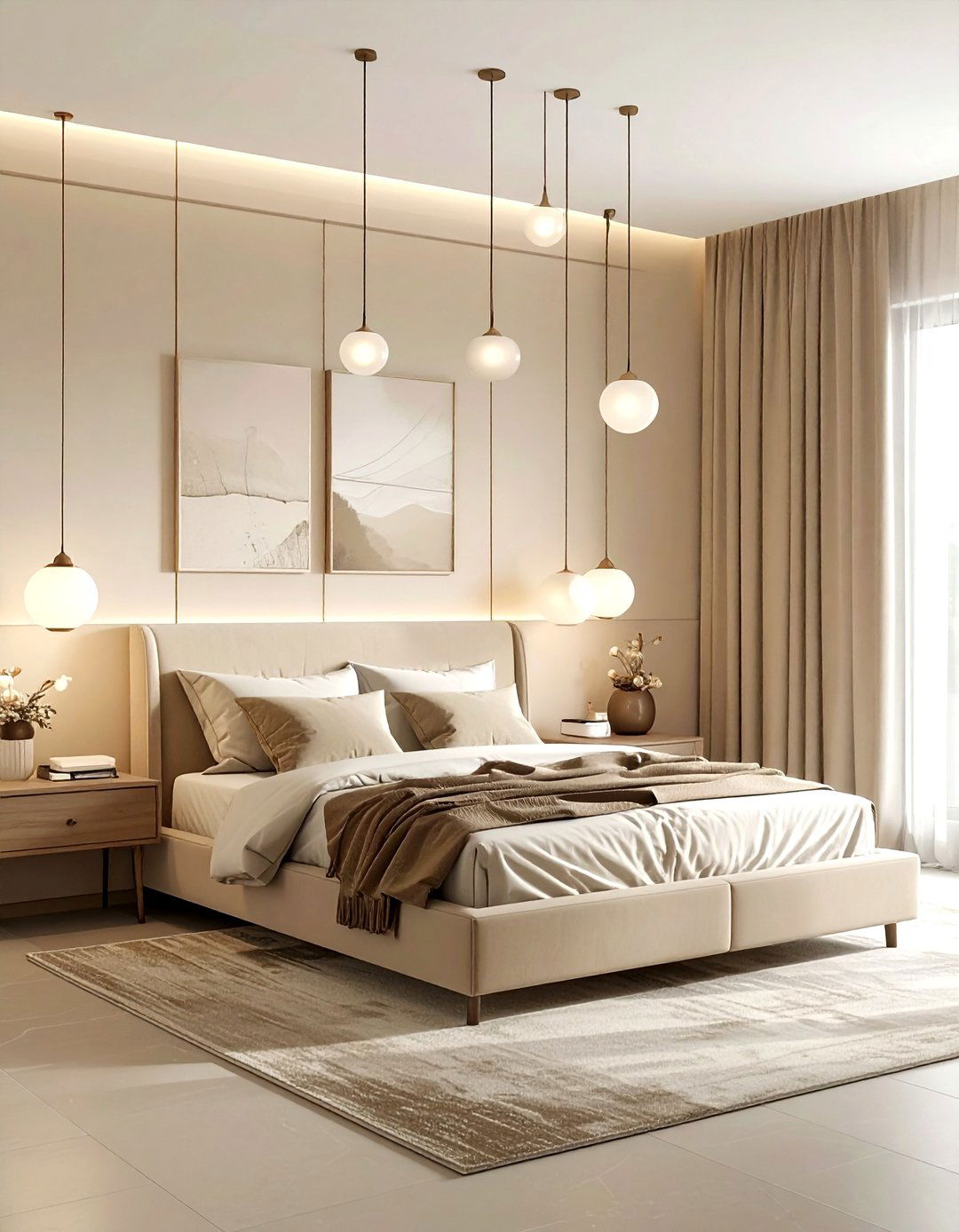 Beige bedroom with pendant lighting - 30 contemporary beige bedroom ideas