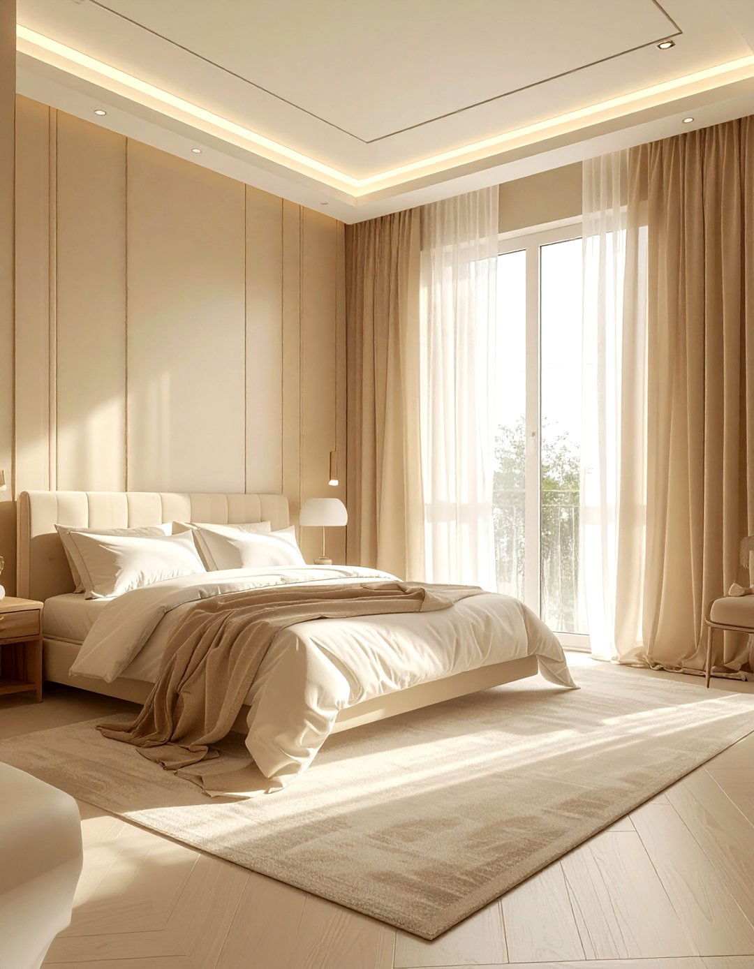 Beige bedroom with sheer curtains - 30 contemporary beige bedroom ideas