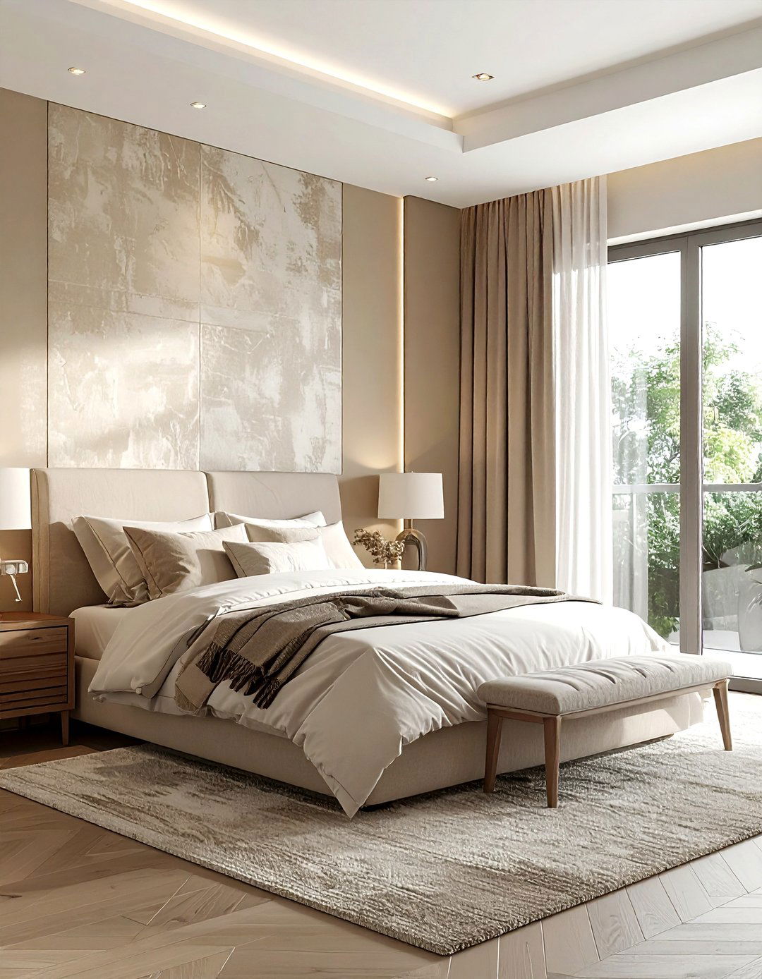 Beige bedroom with textured wallpaper - 30 contemporary beige bedroom ideas
