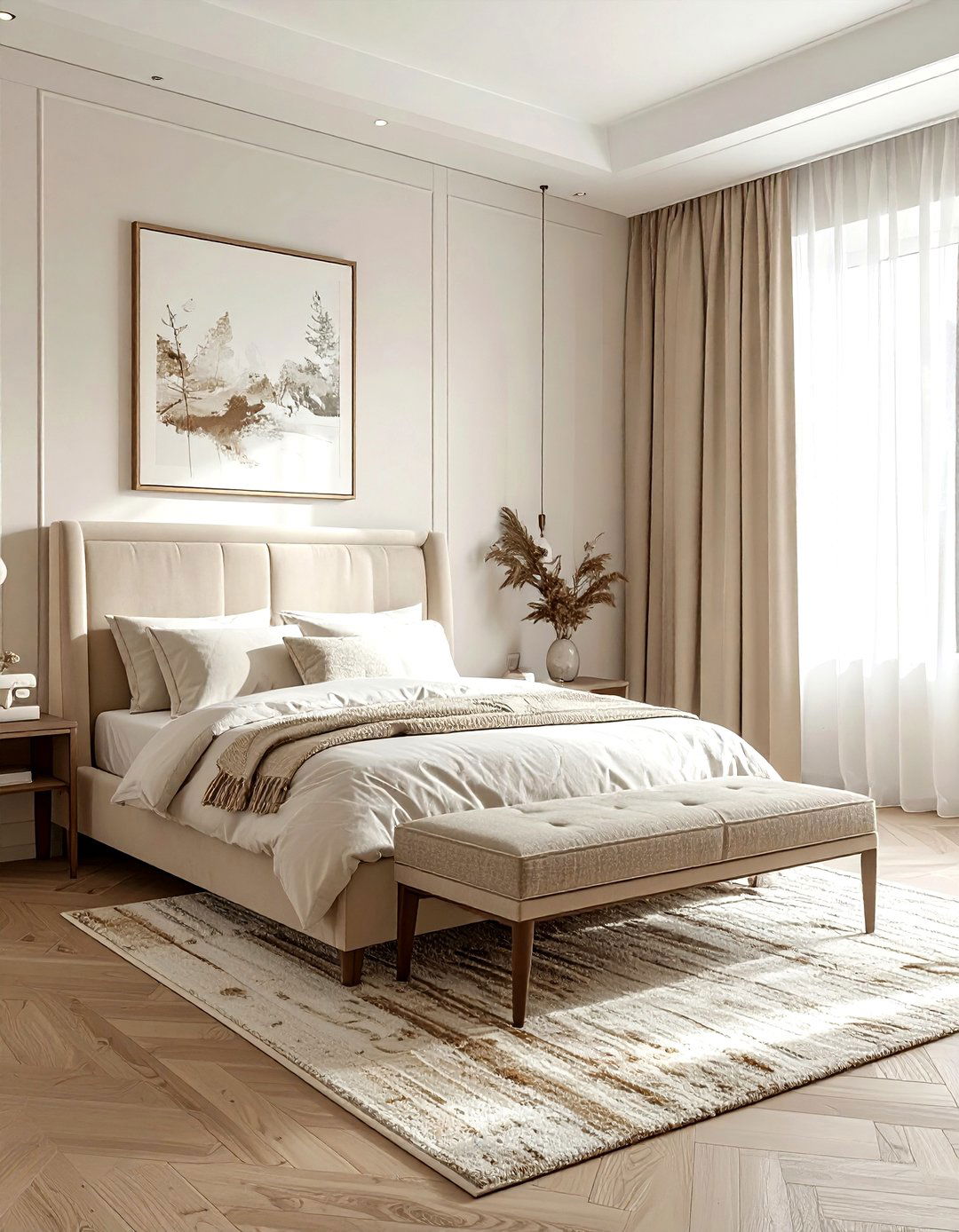 Beige bedroom with upholstered bench - 30 contemporary beige bedroom ideas