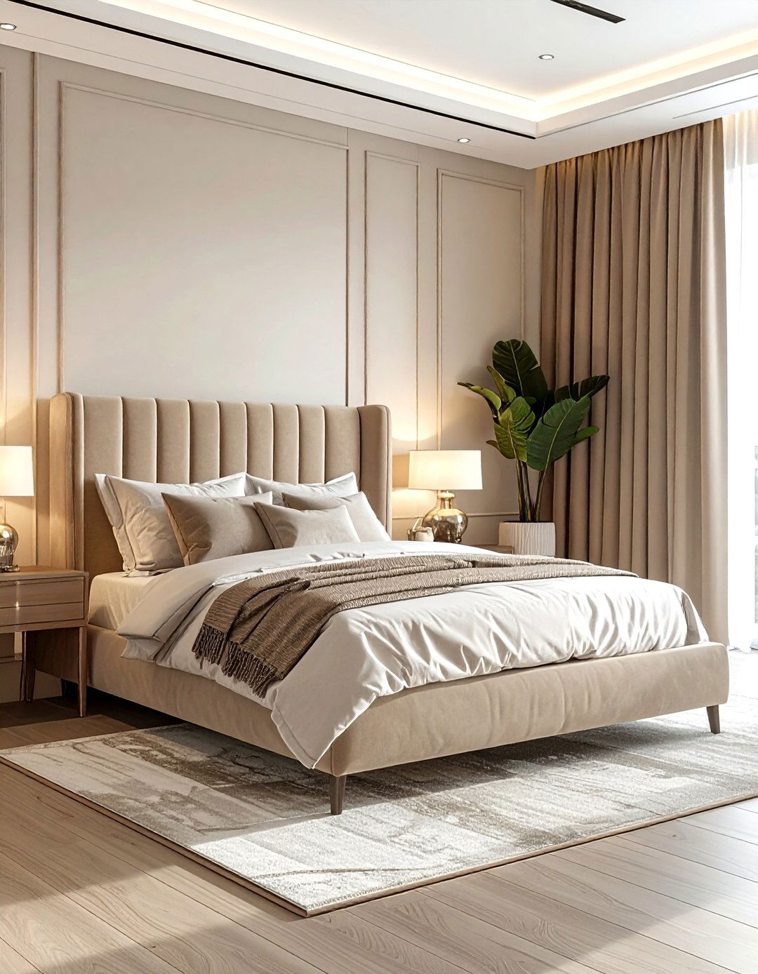 Beige bedroom with velvet headboard - 30 contemporary beige bedroom ideas
