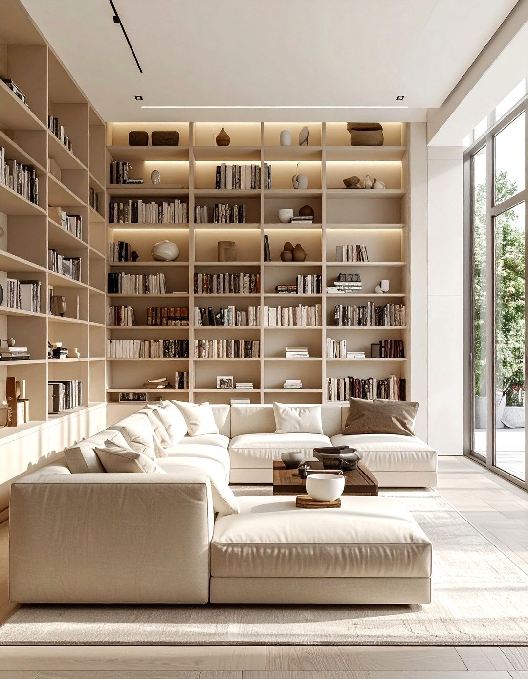 Beige bookshelf living room - 30 beige living room furniture ideas