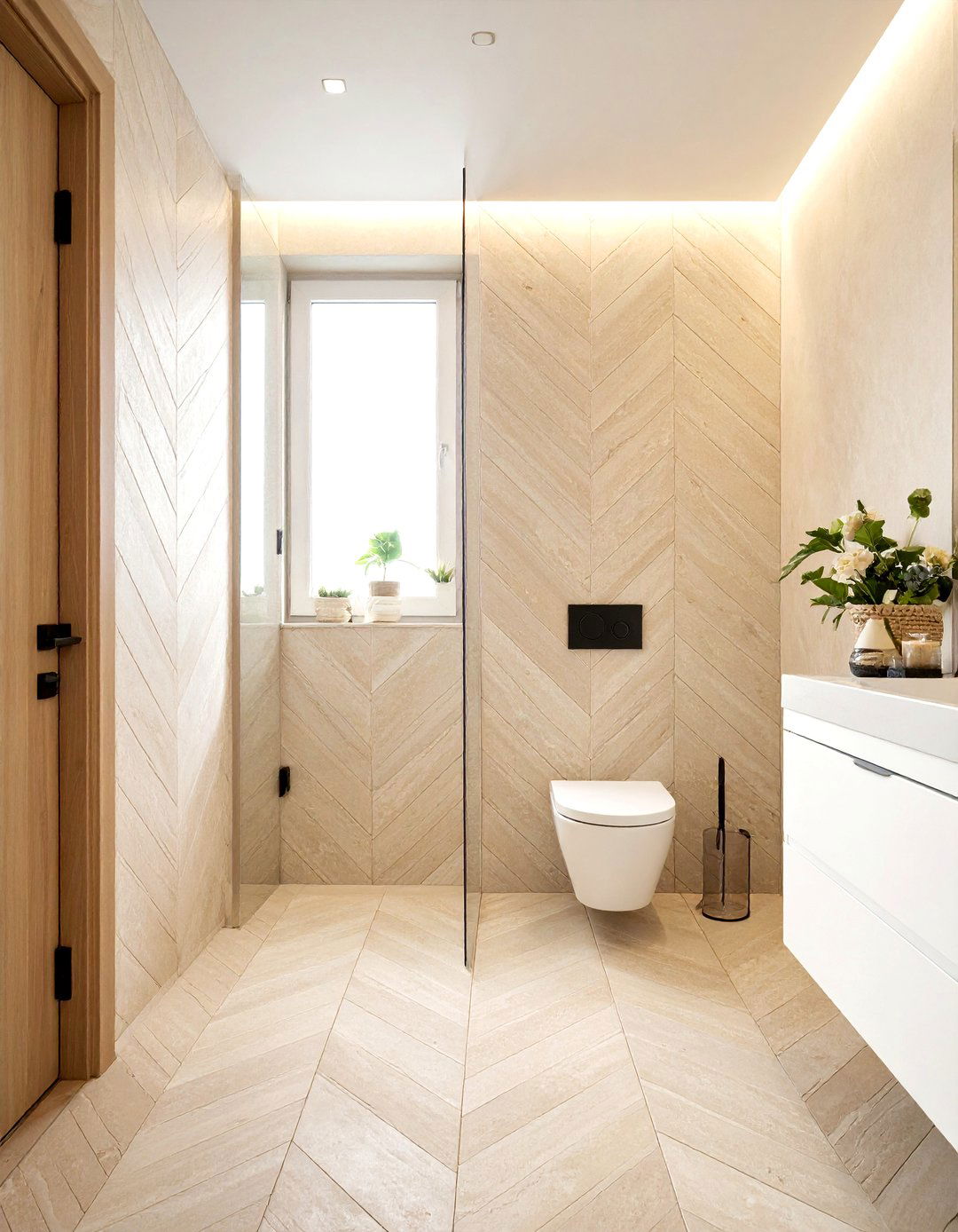 Beige chevron stone tile bathroom - 30 chevron pattern bathroom ideas