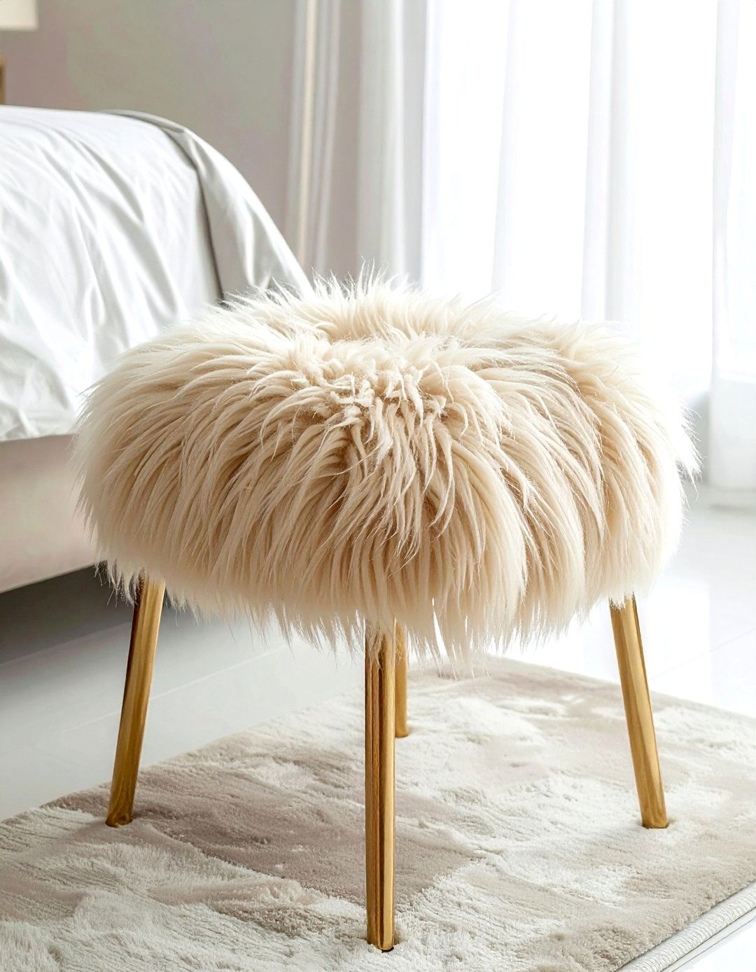 Beige faux fur stool - 30 beige bedroom furniture ideas