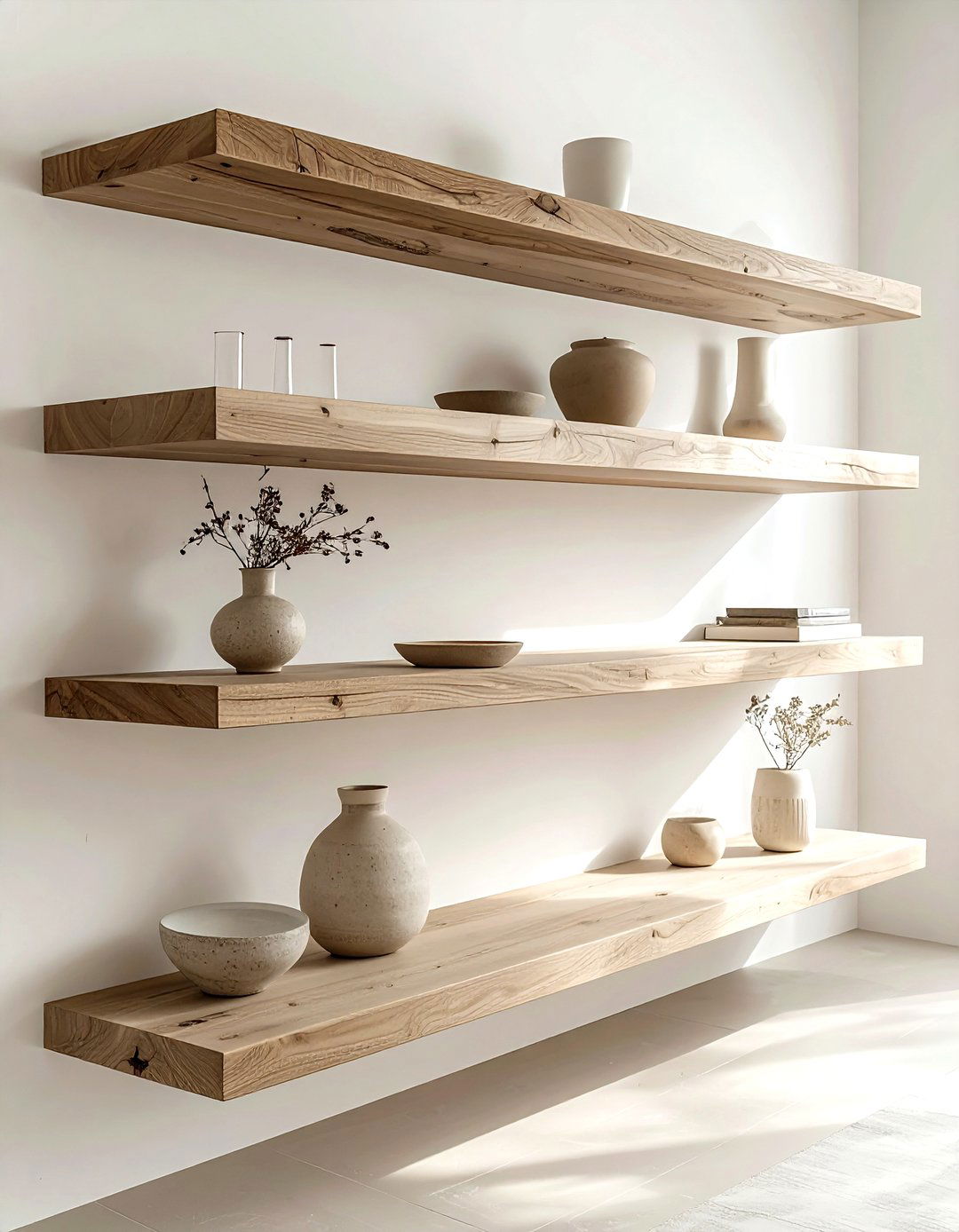 Beige floating shelves - 30 beige dining room accessories ideas