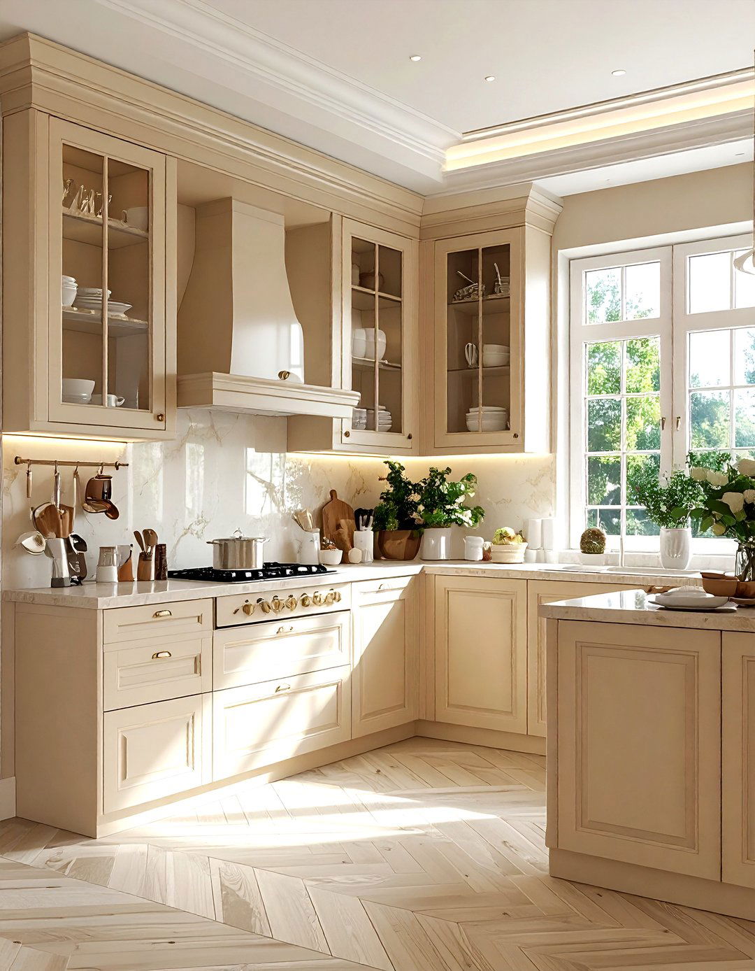 Beige kitchen with glass cabinets - 30 beige kitchen design ideas