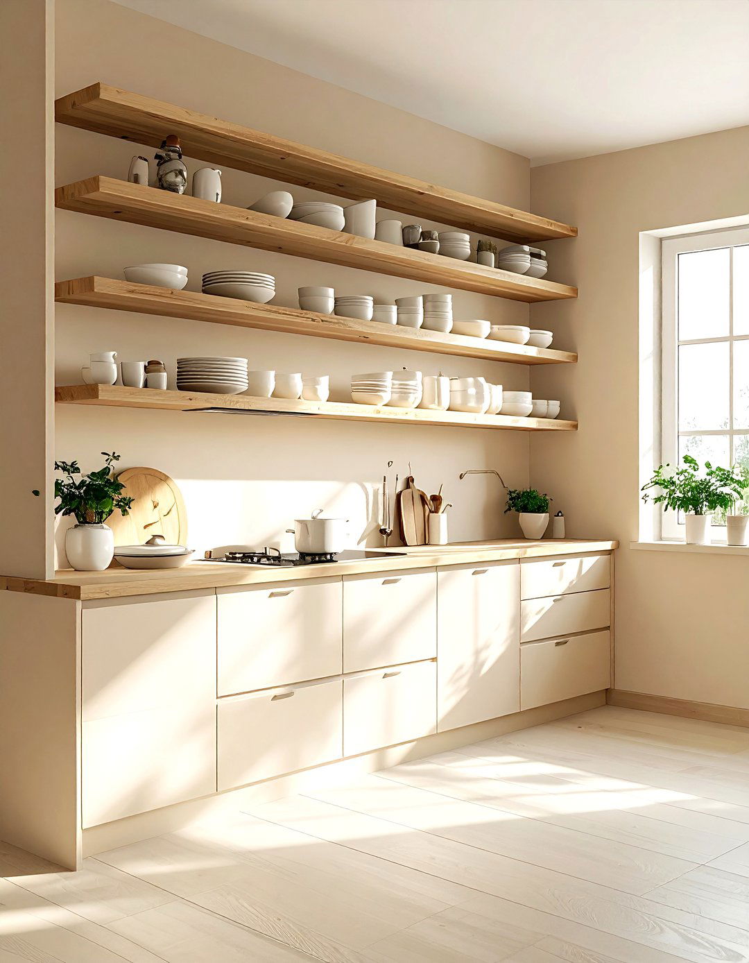 Beige kitchen with open shelving - 30 beige kitchen design ideas