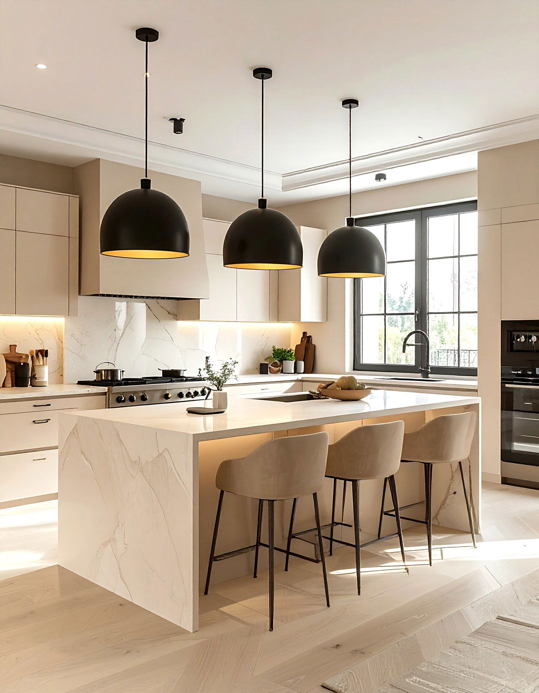 Beige kitchen with pendant lighting - 30 beige kitchen design ideas