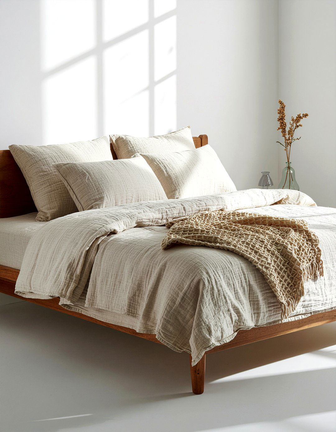Beige linen bedding - 30 warm minimalist bedroom ideas