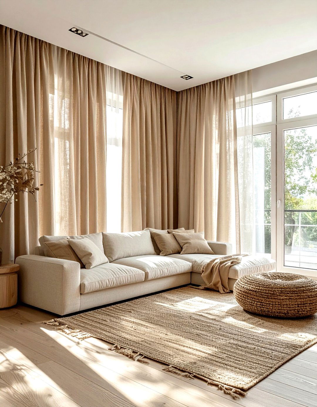 Beige linen living room curtains - 30 modern beige living room ideas