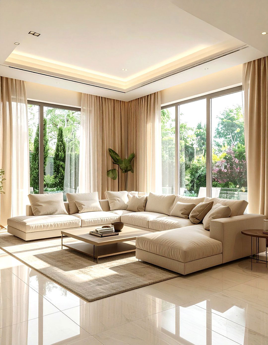Beige living room floor to ceiling windows - 30 modern beige living room ideas