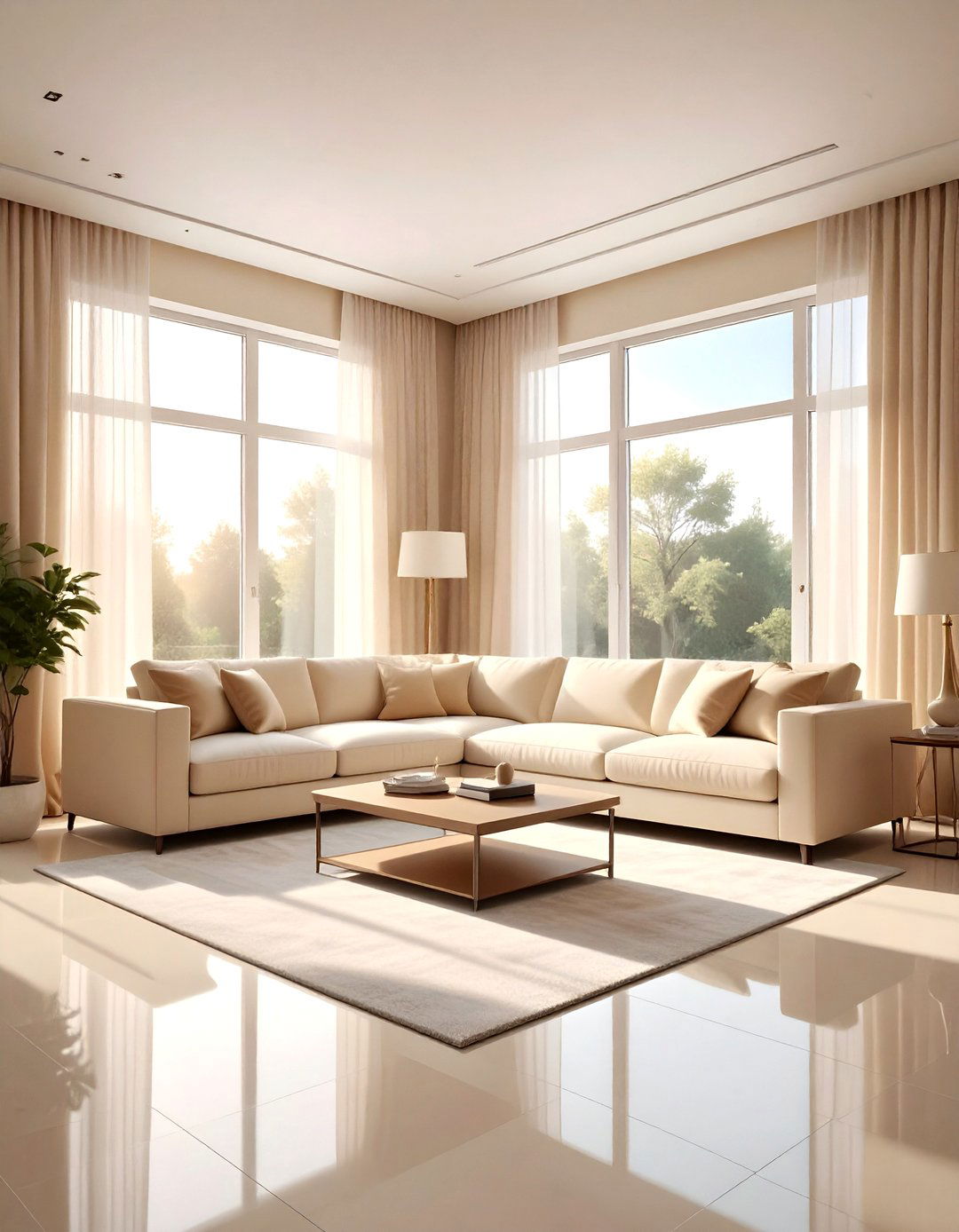 Beige living room with large windows - 30 contemporary beige living room ideas