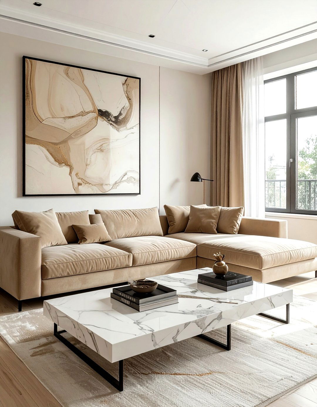 Beige living room with marble coffee table - 30 contemporary beige living room ideas