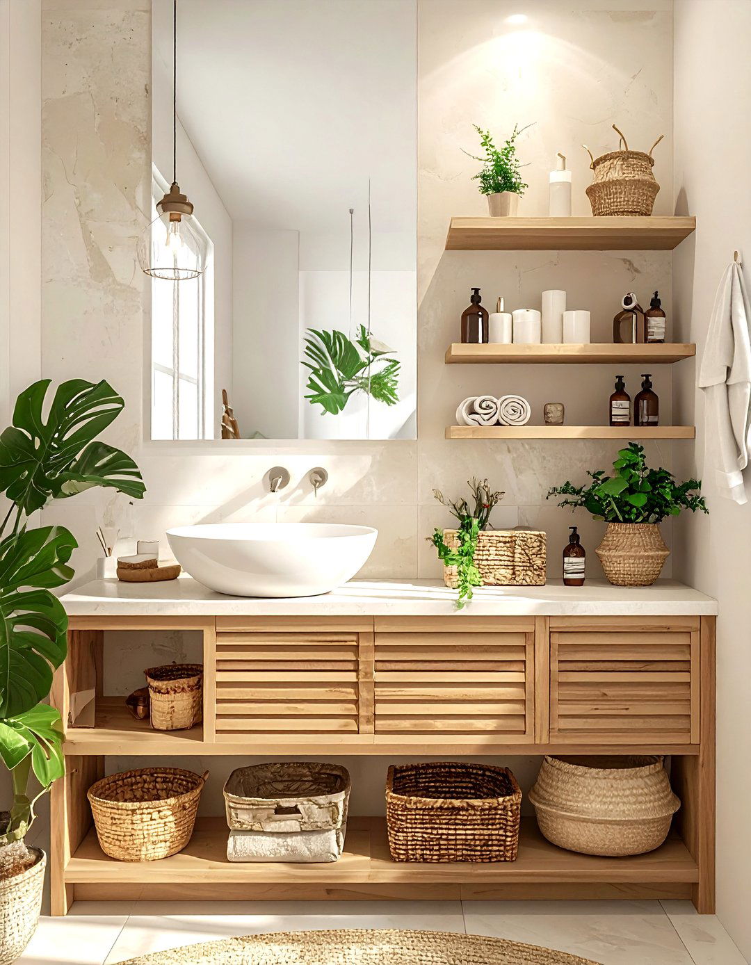 Beige open shelf vanity - 30 beige bathroom furniture ideas