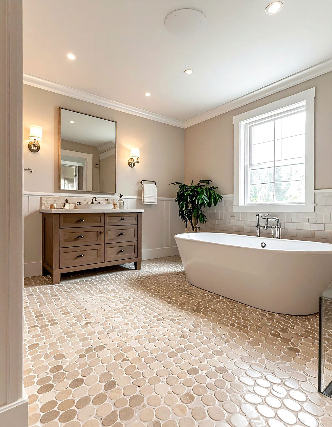 Beige penny tile bathroom floor - 30 penny round tile bathroom ideas