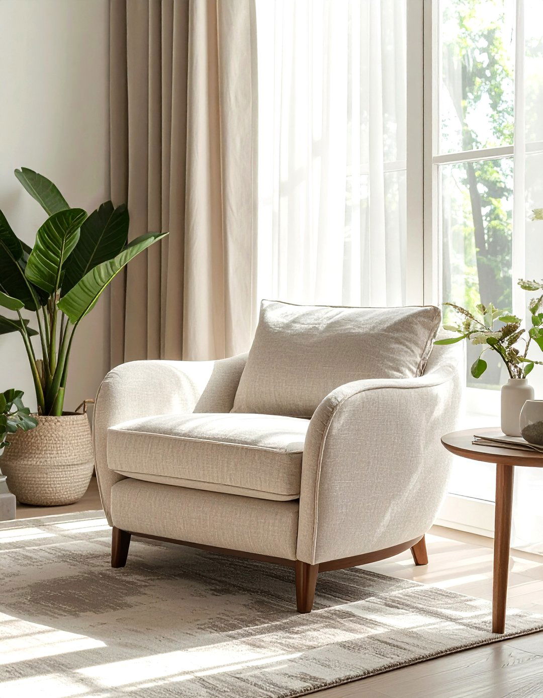 Beige slipcovered swivel chair - 30 beige bedroom furniture ideas