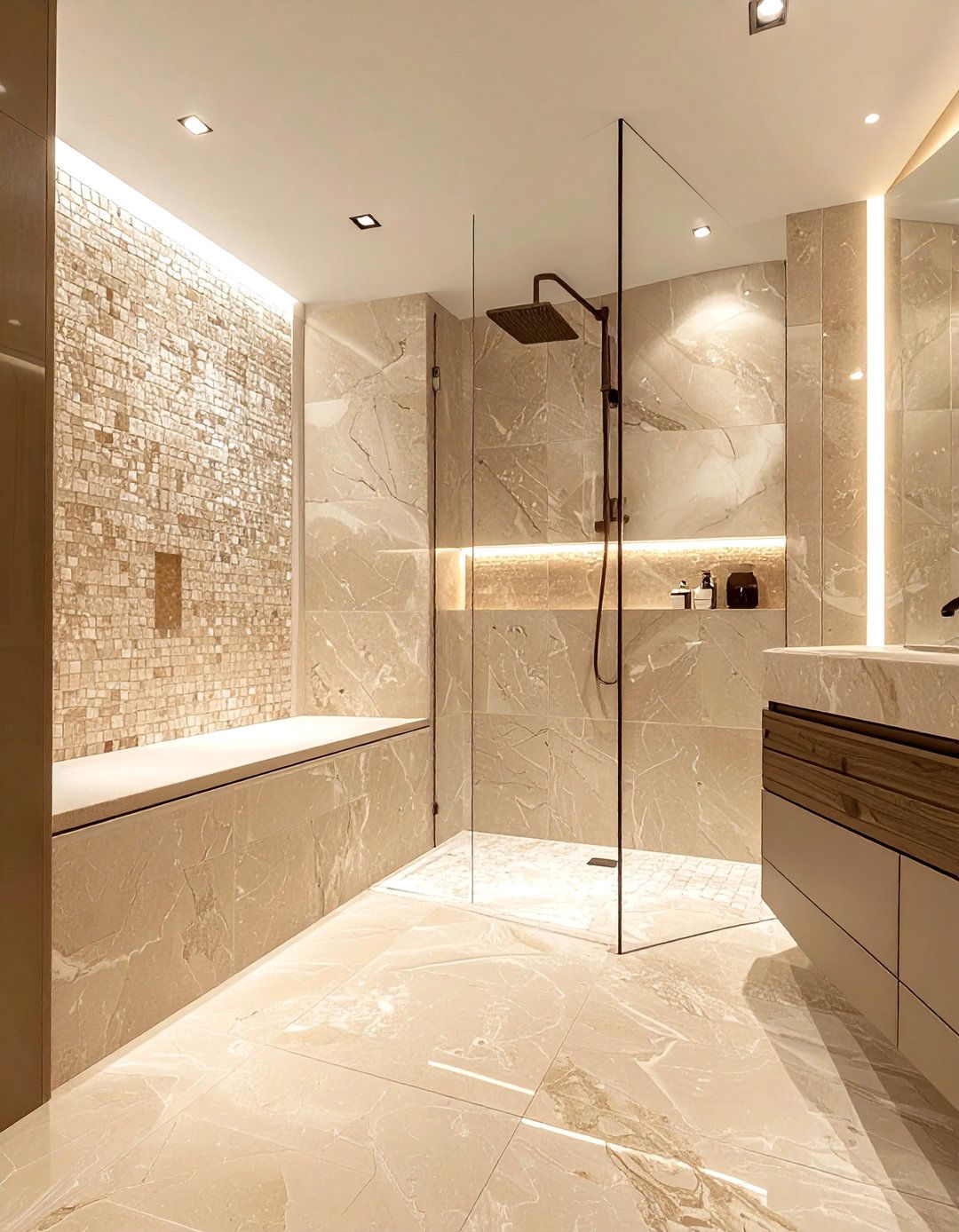 Beige stone mosaic walk in shower - 30 stone mosaic bathroom ideas