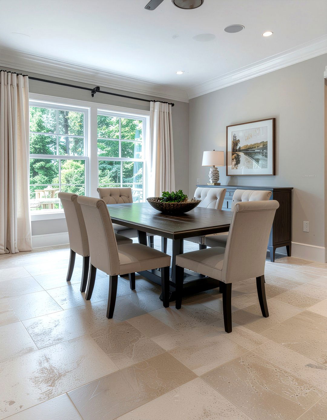 Beige stone tile - 30 dining room tile floor ideas