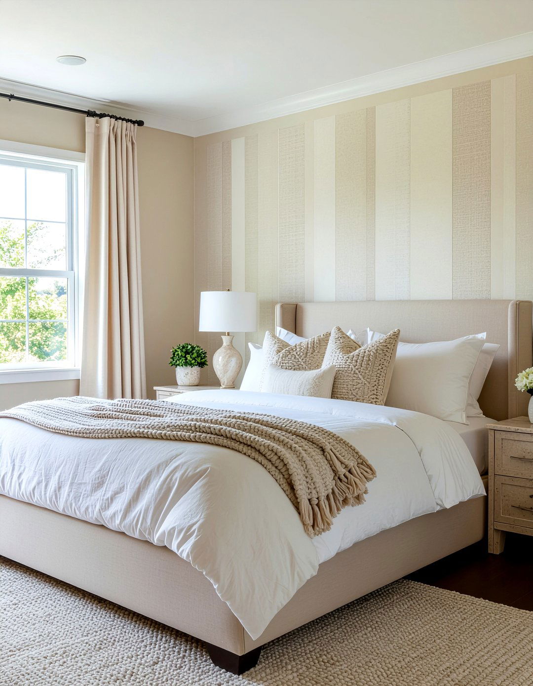 Beige textured stripe wallpaper - 30 bedroom striped wallpapers