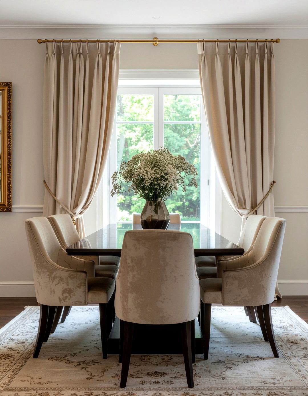 Beige velvet curtains - 30 neutral curtain dining room ideas