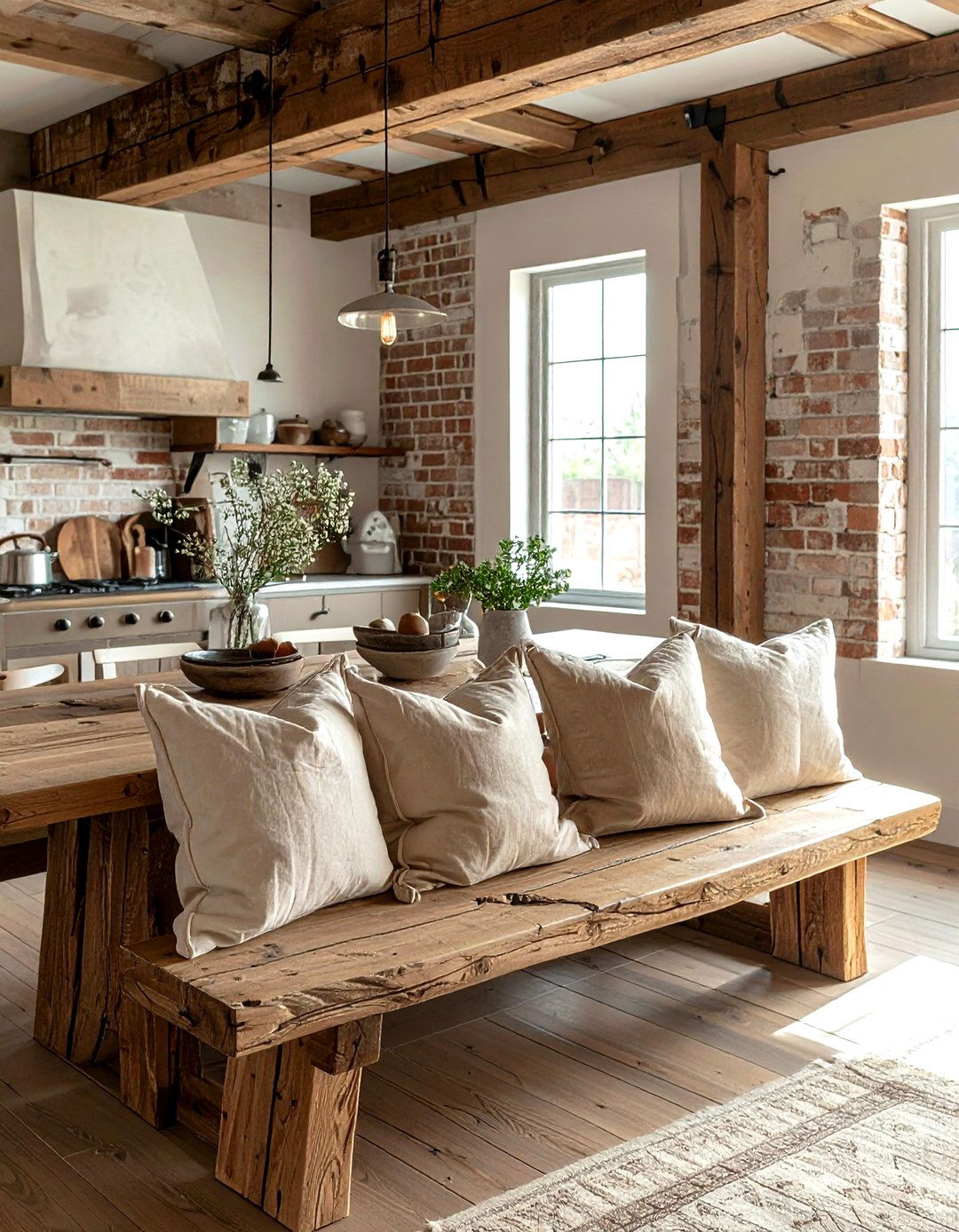 Beige velvet cushions for wooden kitchen bench - 30 velvet kitchen ideas