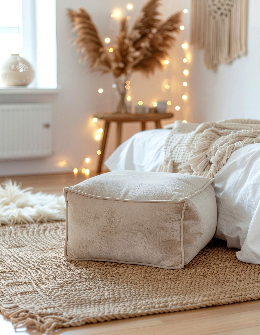 Beige velvet floor cushion - 30 velvet bedroom ideas