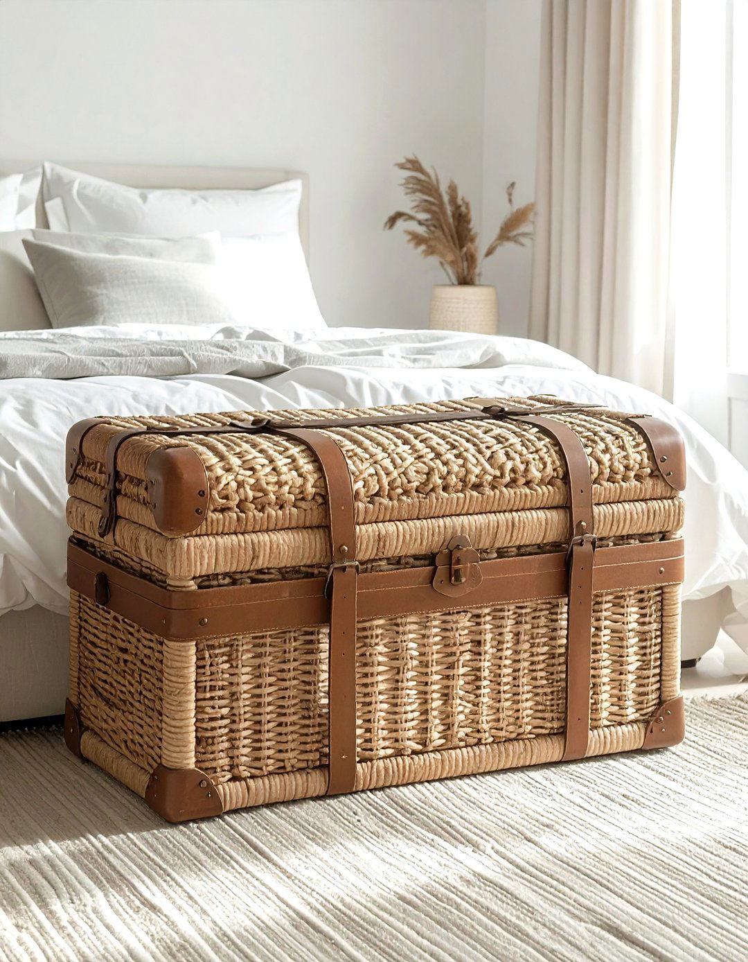 Beige wicker trunk storage - 30 beige bedroom furniture ideas