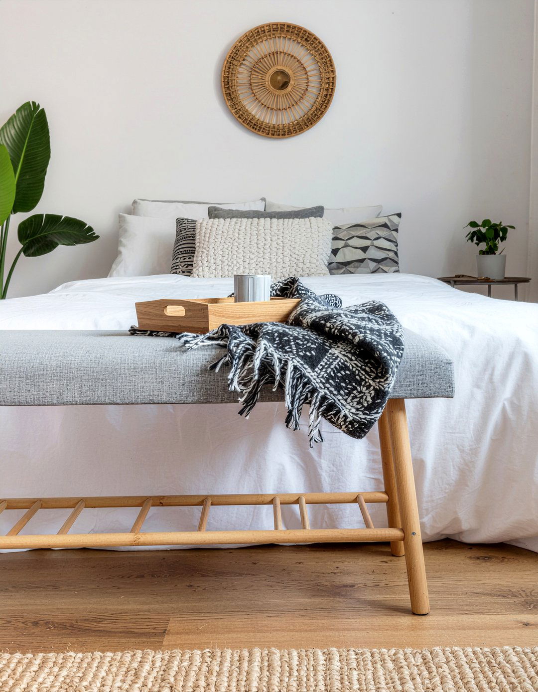 Bench at foot of bed - 30 budget bedroom ideas