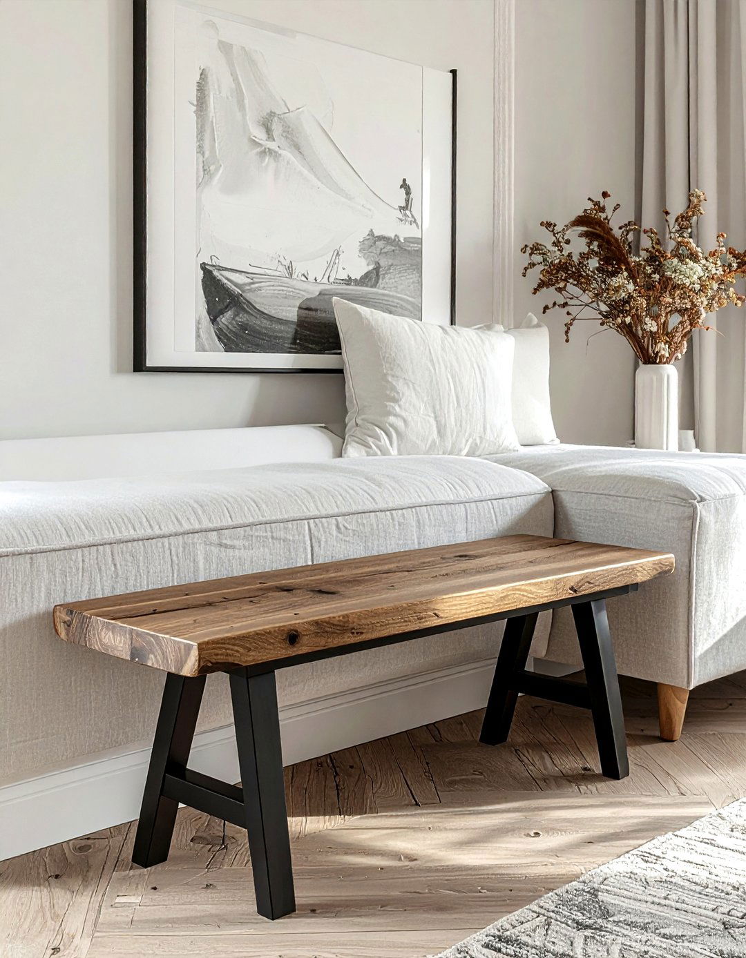 Bench behind sofa - 30 living room guest seating ideas