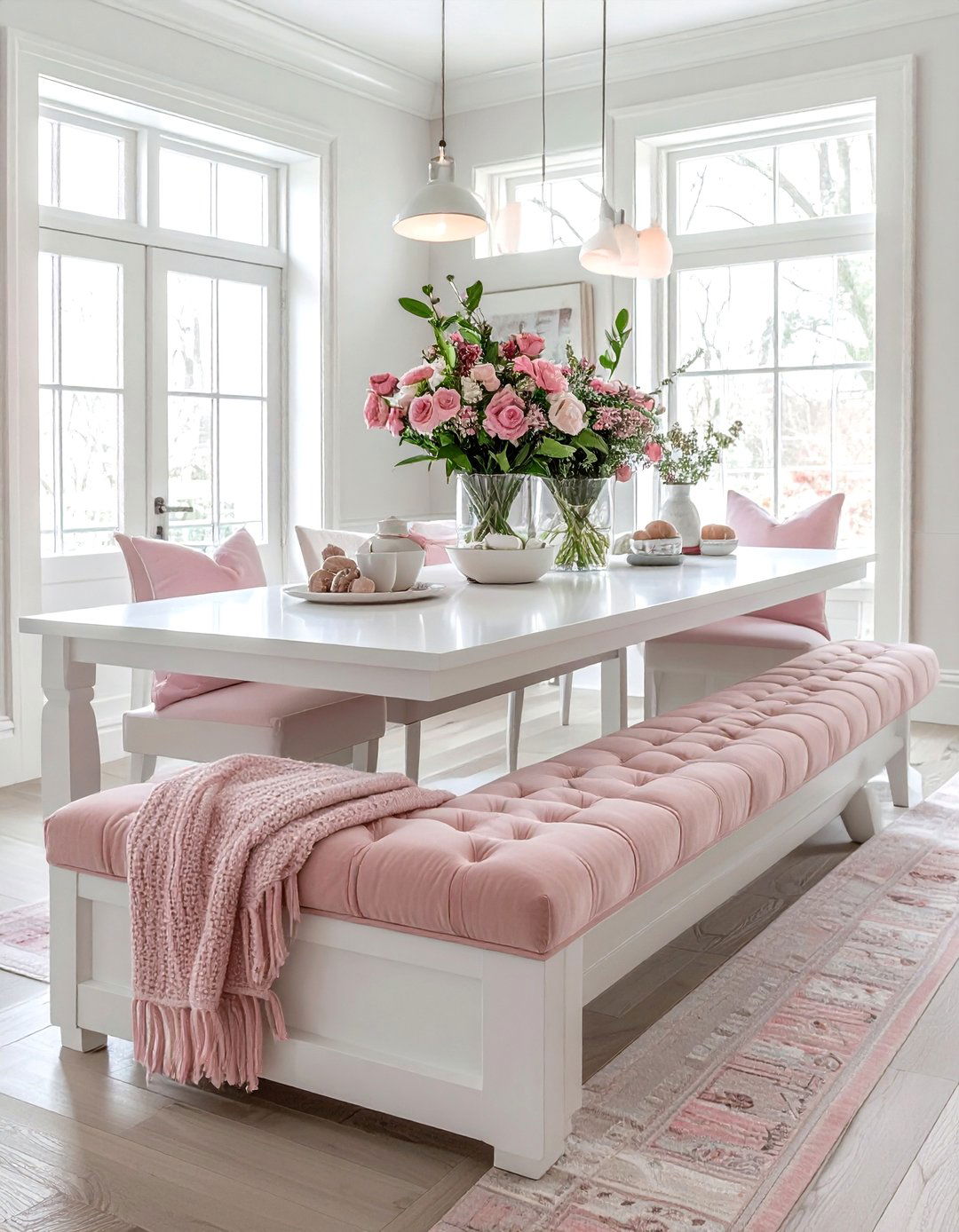 Bench seating blush white dining - 30 blush and white dining room ideas