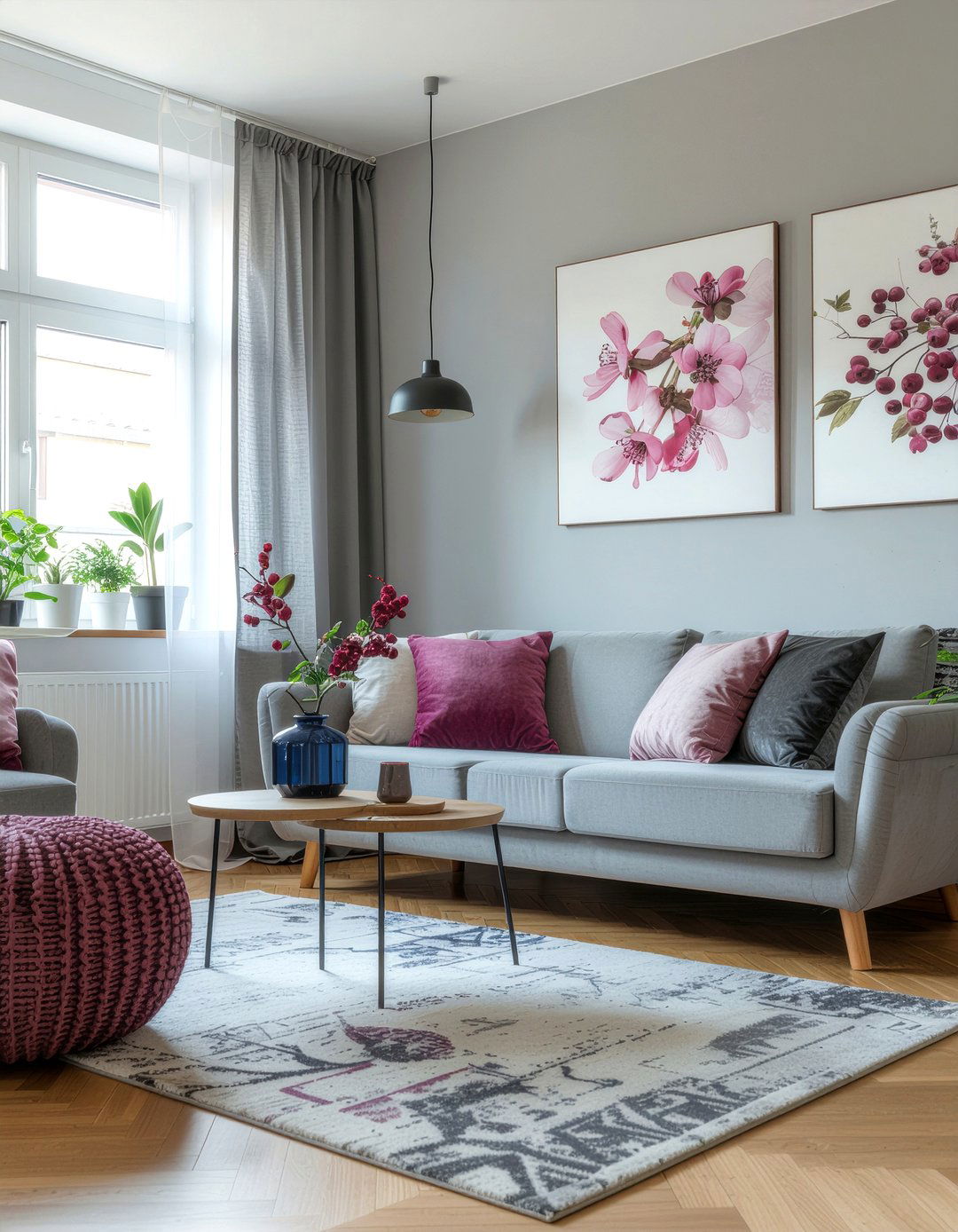 Berry and grey palette - 30 berry living room ideas