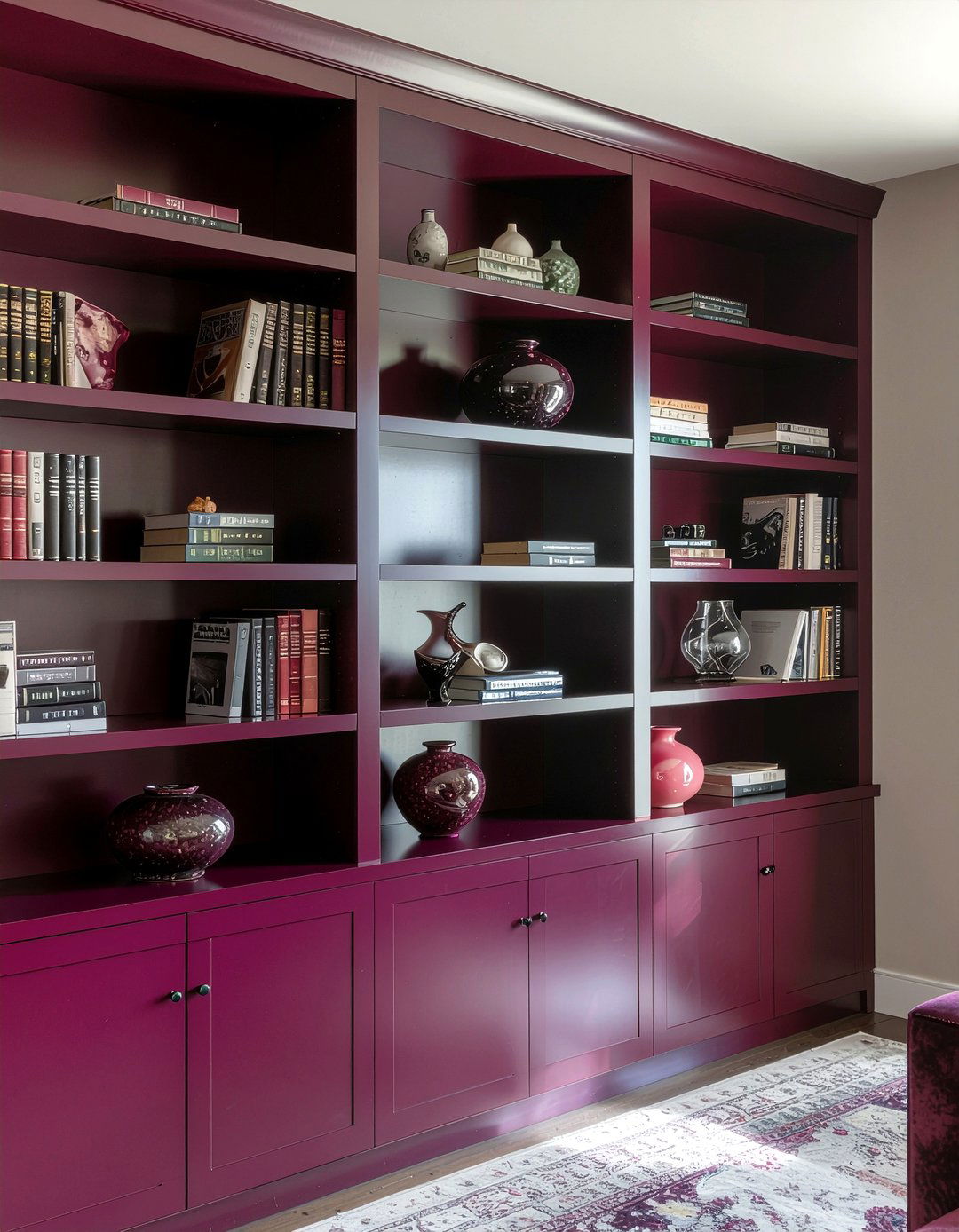 Berry colored bookshelf - 30 berry living room ideas