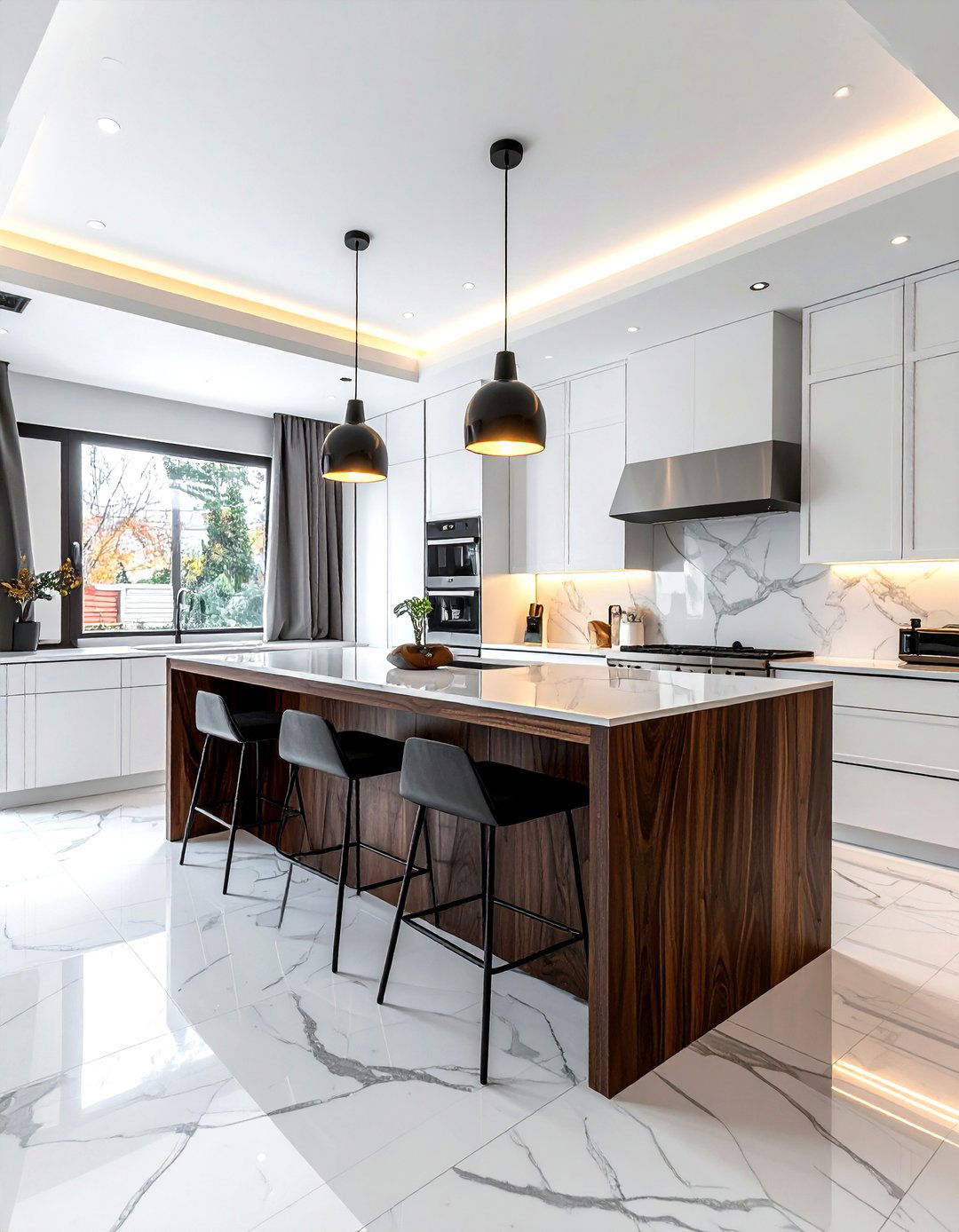 Bespoke island with standard perimeter cabinets - 30 kitchen high-low mixing ideas