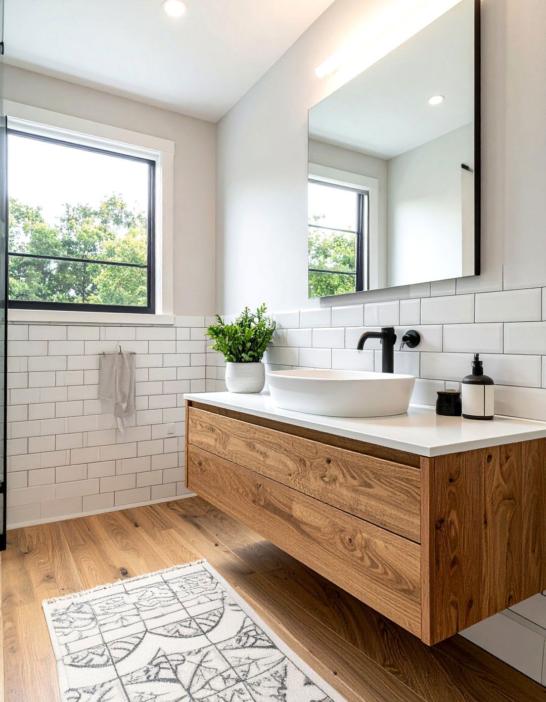 Beveled Subway Tile With Wood Vanity - 30 beveled subway tile bathroom ideas