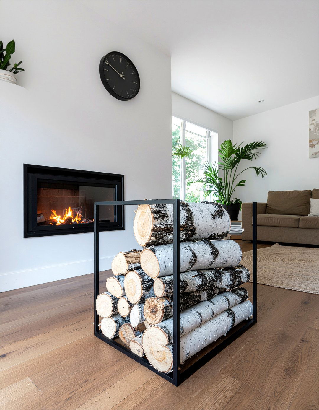 Birch log indoor storage - 30 woodland living room ideas