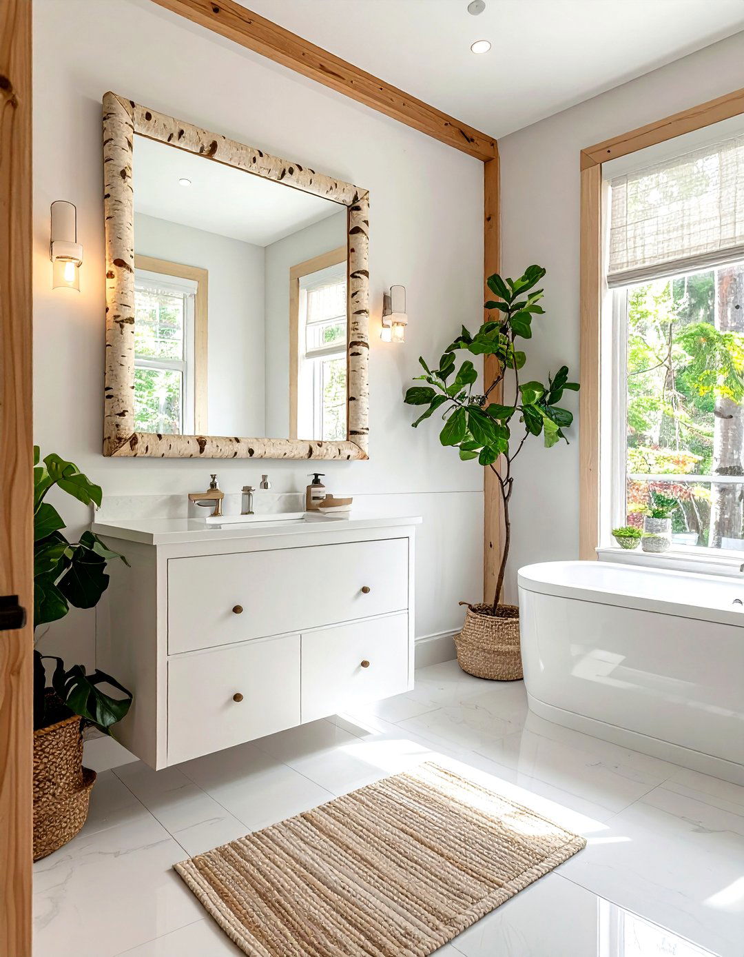 Birch wood accents white bathroom - 30 white and wood bathroom ideas