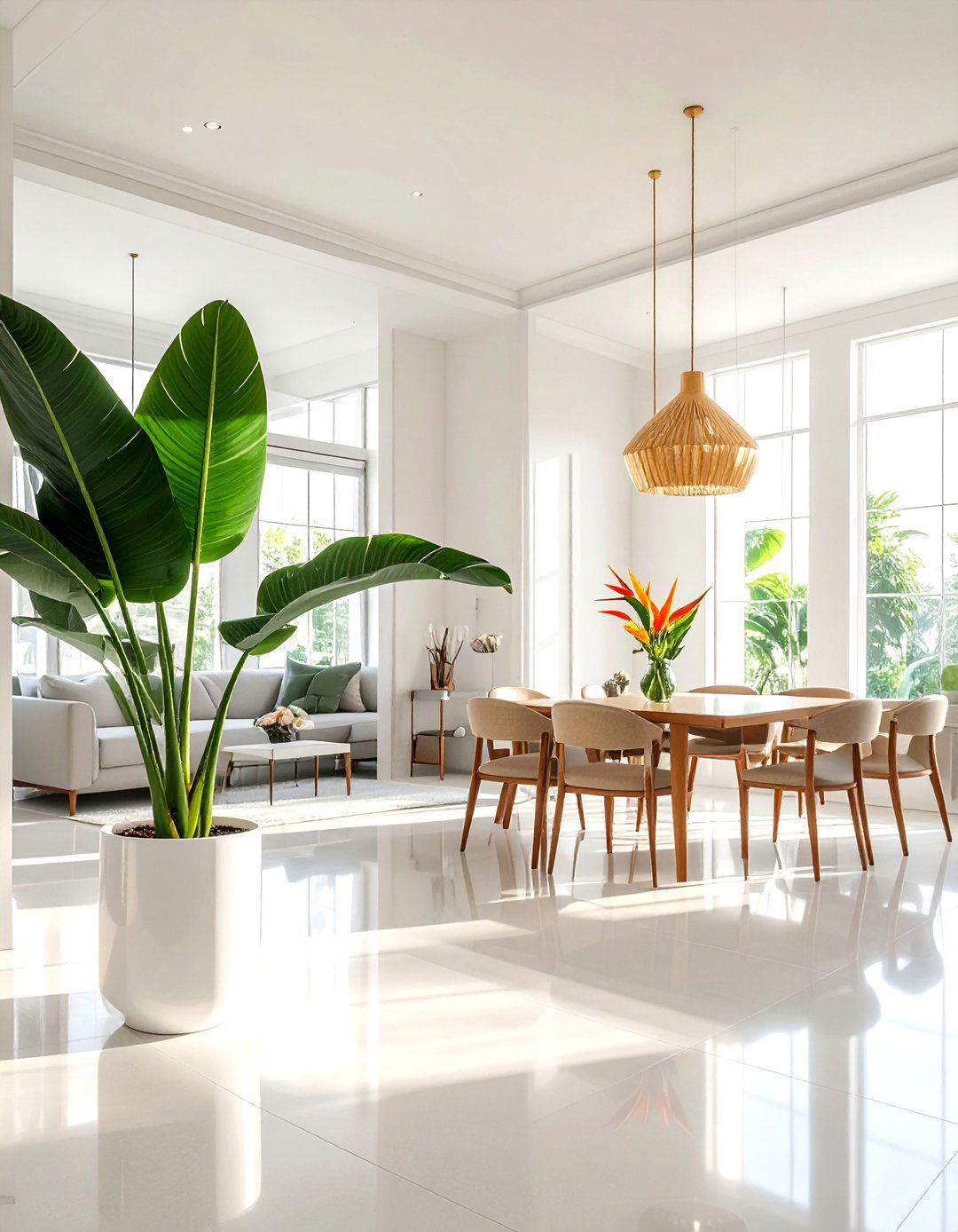 Bird of Paradise in Bright Dining Room - 30 dining room indoor plant ideas