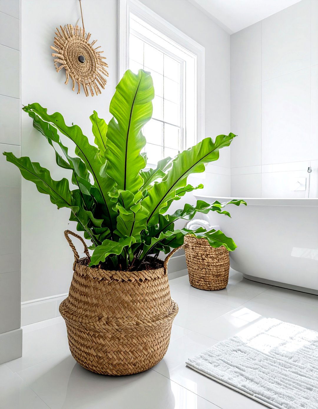 Birds Nest Fern Wicker Basket - 30 bathroom fern ideas